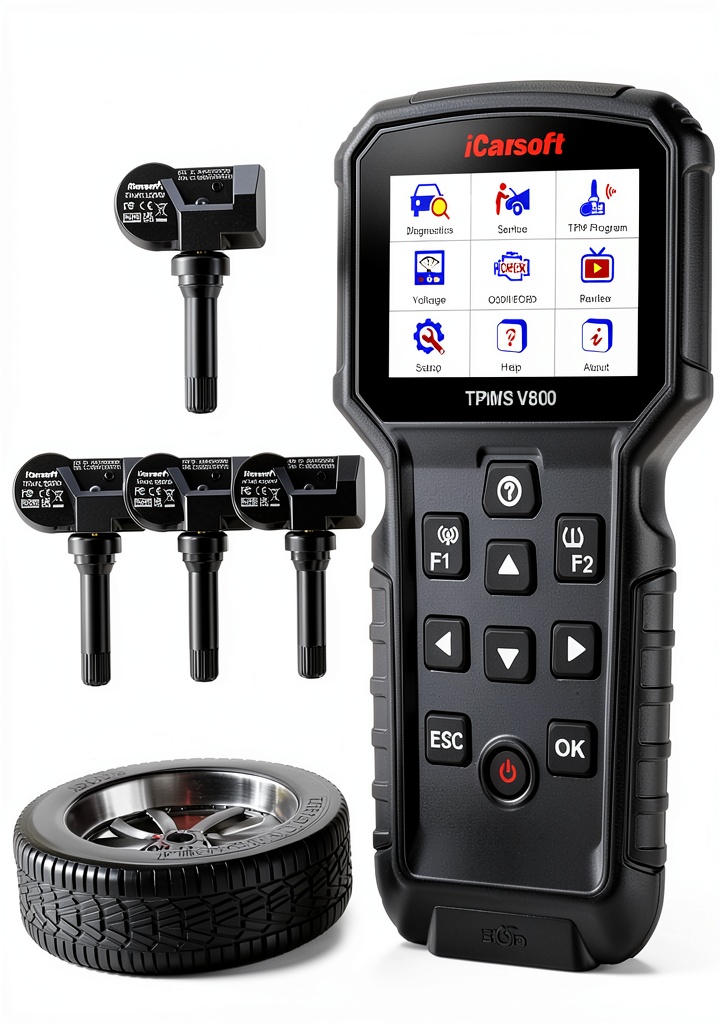 Technician using iCarsoft TPMS V800 Kit in a garage