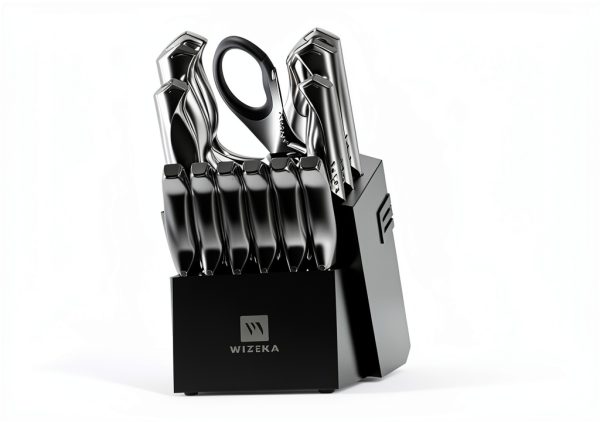 WIZEKA Kitchen Knife Set Block 15 Piece High Carbon Stainless Steel-1