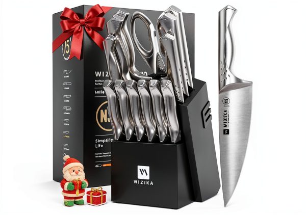 WIZEKA Kitchen Knife Set Block 15 Piece High Carbon Stainless Steel-0