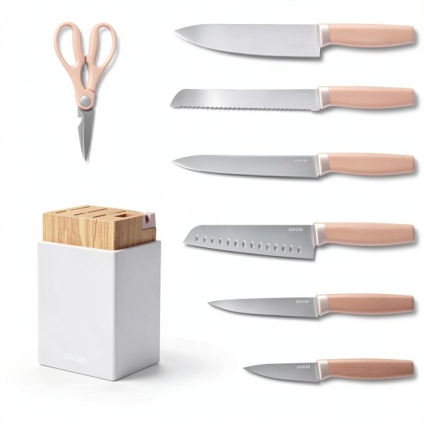 CAROTE 9 Pieces Kitchen Knife Block Set with Sharpener, Dishwasher Safe Knives for Kitchen, Forged Cutlery with Razor-Sharp Stainless Steel Blades, Pink-1