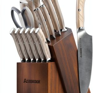Knife Set, Astercook Kitchen Knife Set with Block, 15 Pcs Luxurious High Carbon German Stainless Steel Knives Set with Full Tang Ergonomic Handle, Dishwasher Safe Knife Block Set with Sharpening Rod-0