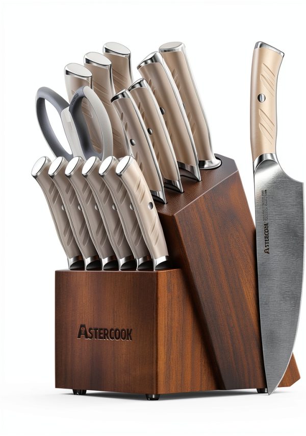 Knife Set, Astercook Kitchen Knife Set with Block, 15 Pcs Luxurious High Carbon German Stainless Steel Knives Set with Full Tang Ergonomic Handle, Dishwasher Safe Knife Block Set with Sharpening Rod-0