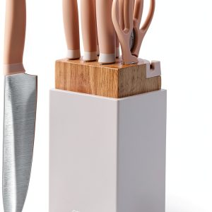 CAROTE 9 Pieces Kitchen Knife Block Set with Sharpener, Dishwasher Safe Knives for Kitchen, Forged Cutlery with Razor-Sharp Stainless Steel Blades, Pink-0