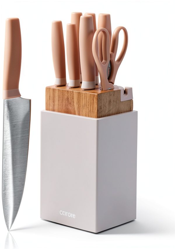CAROTE 9 Pieces Kitchen Knife Block Set with Sharpener, Dishwasher Safe Knives for Kitchen, Forged Cutlery with Razor-Sharp Stainless Steel Blades, Pink-0