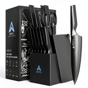 Knife Set with Block - Kitchen Knife Set German High-Carbon Steel - 15-Piece with Built-in Sharpener & Dishwasher Safe - Ergonomic Anti-Slip Handles,Black,Gift Box Included-0