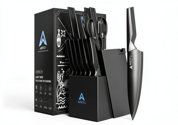 Knife Set with Block - Kitchen Knife Set German High-Carbon Steel - 15-Piece with Built-in Sharpener & Dishwasher Safe - Ergonomic Anti-Slip Handles,Black,Gift Box Included-0