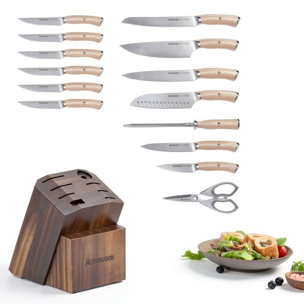 Knife Set, Astercook Kitchen Knife Set with Block, 15 Pcs Luxurious High Carbon German Stainless Steel Knives Set with Full Tang Ergonomic Handle, Dishwasher Safe Knife Block Set with Sharpening Rod-1