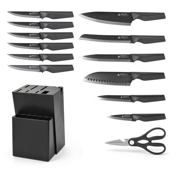 Knife Set with Block - Kitchen Knife Set German High-Carbon Steel - 15-Piece with Built-in Sharpener & Dishwasher Safe - Ergonomic Anti-Slip Handles,Black,Gift Box Included-1